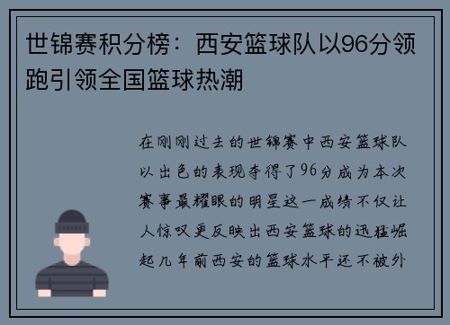 世锦赛积分榜：西安篮球队以96分领跑引领全国篮球热潮