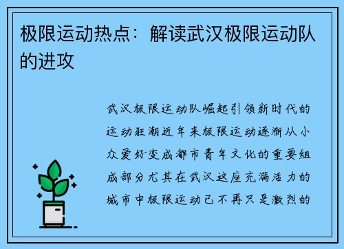 极限运动热点：解读武汉极限运动队的进攻
