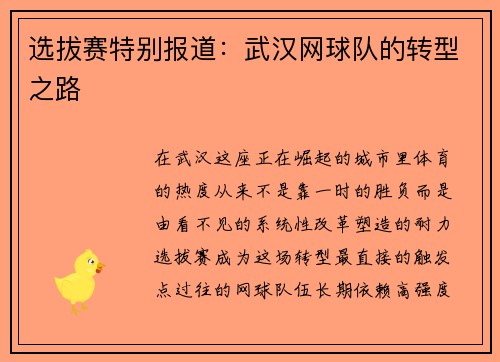 选拔赛特别报道：武汉网球队的转型之路
