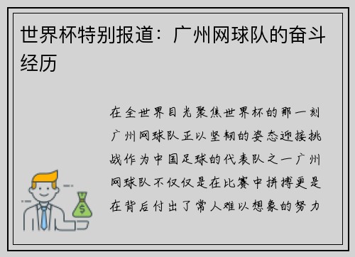 世界杯特别报道：广州网球队的奋斗经历